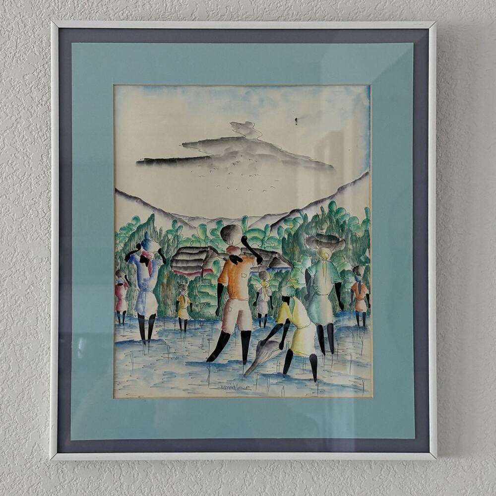 Vintage Haitian Folk Art Watercolor Painting Rice Harvest Matted Framed